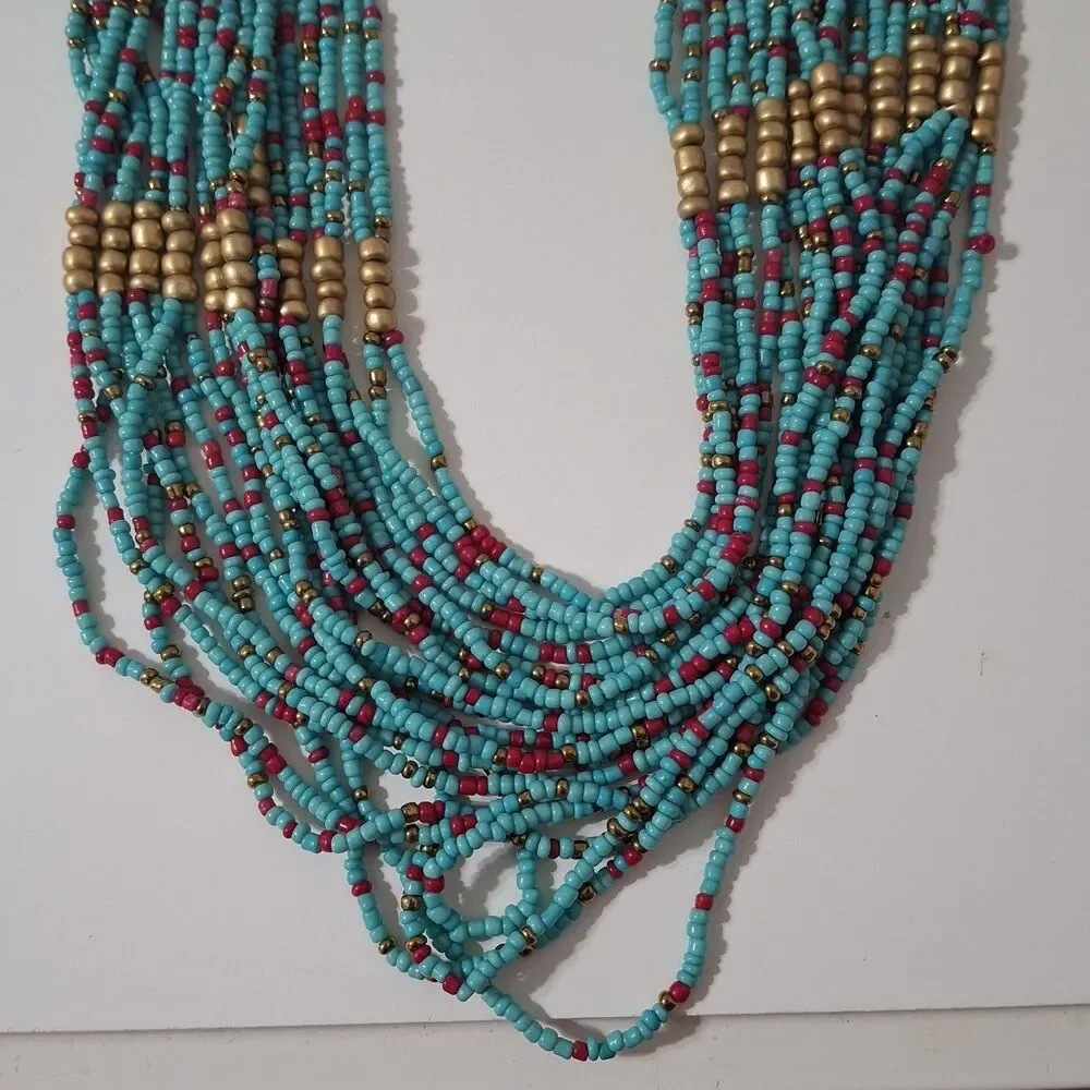 Multi- Layered Turquoise Red Gold Seed Beaded Statement Necklace Long Adjustable